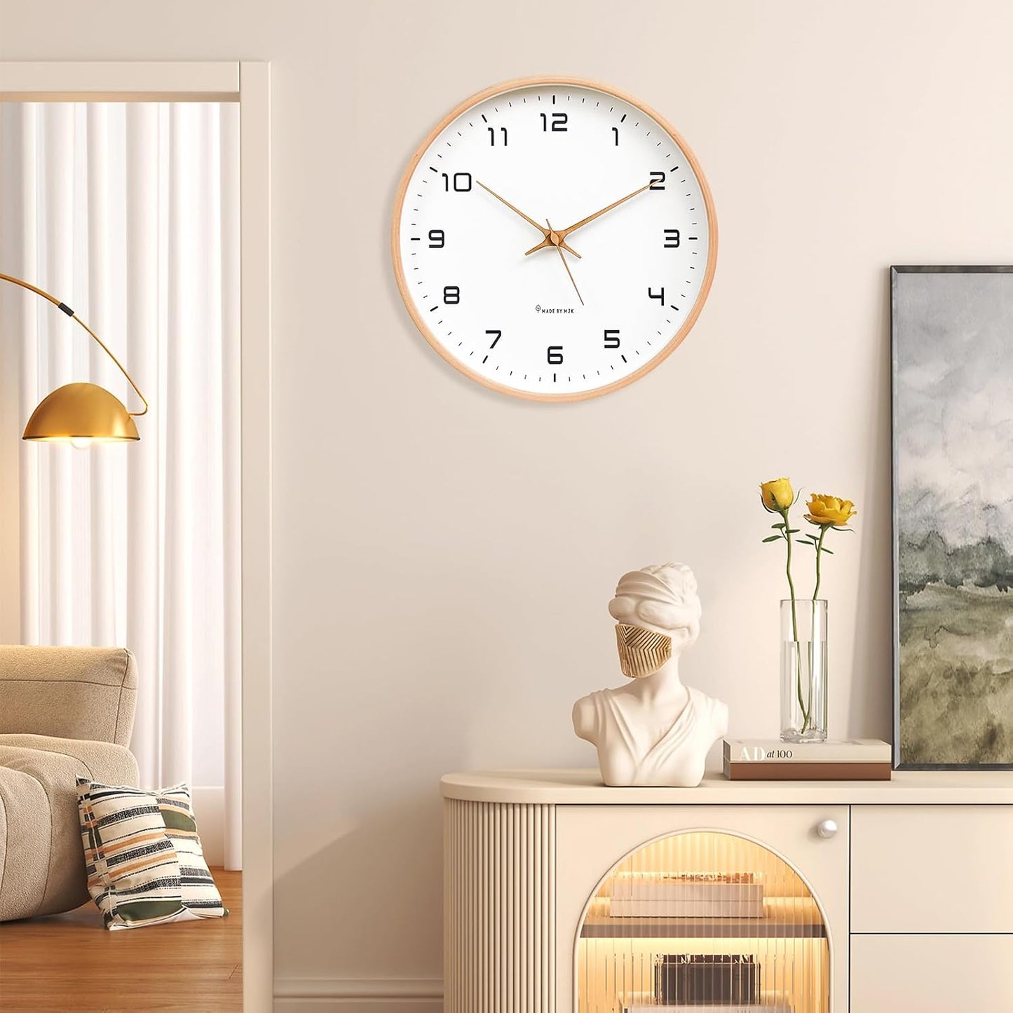 Ergocar Wall Clock, Modern Silent No Ticking Round Wooden Wall Clock Battery Powered Decorate Bedroom, Living Room