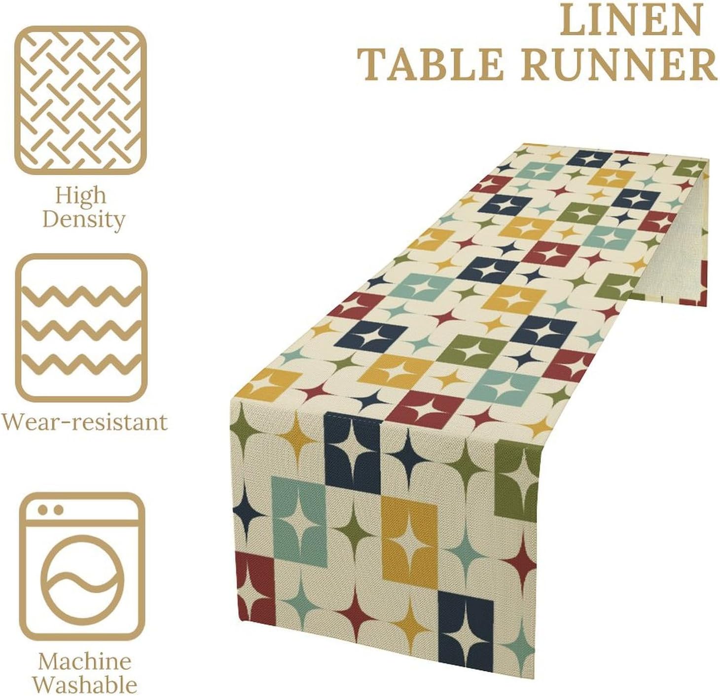 Mid Century Kitchen Table Runner,Abstract Aesthetic Geometric Mid Century Retro Modern Patterns Printed Linen Table