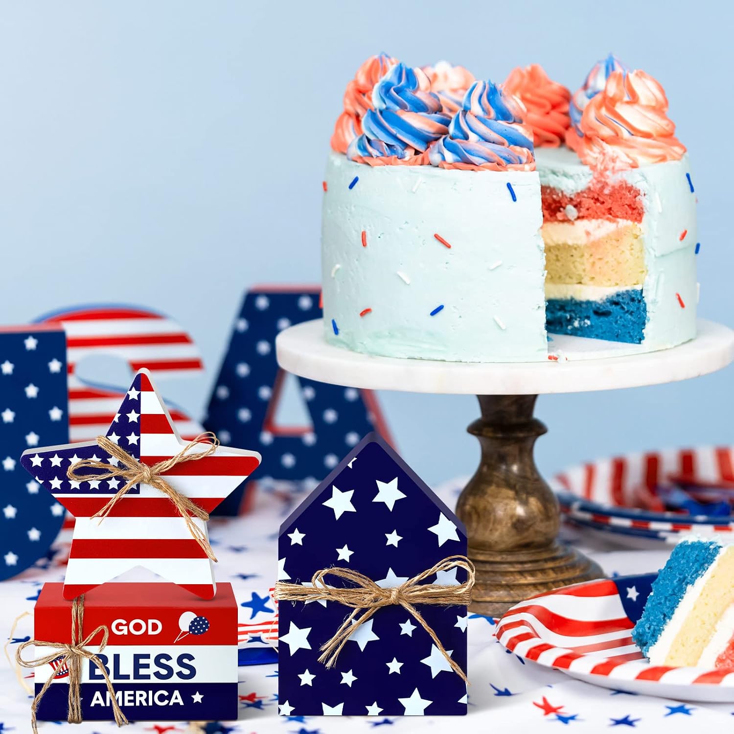4th of July Table Decorations Wooden Patriotic Decorations 4th of July Tiered Tray Decor / Set of 8
