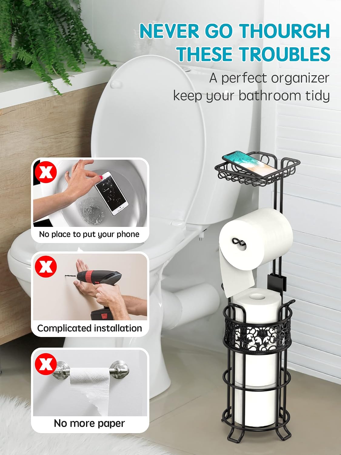 Toilet Paper Holder Stand with Shelf, Free Standing Toilet Paper Roll Dispenser Holds 3 Big Rolls of Jumbo Mega Paper