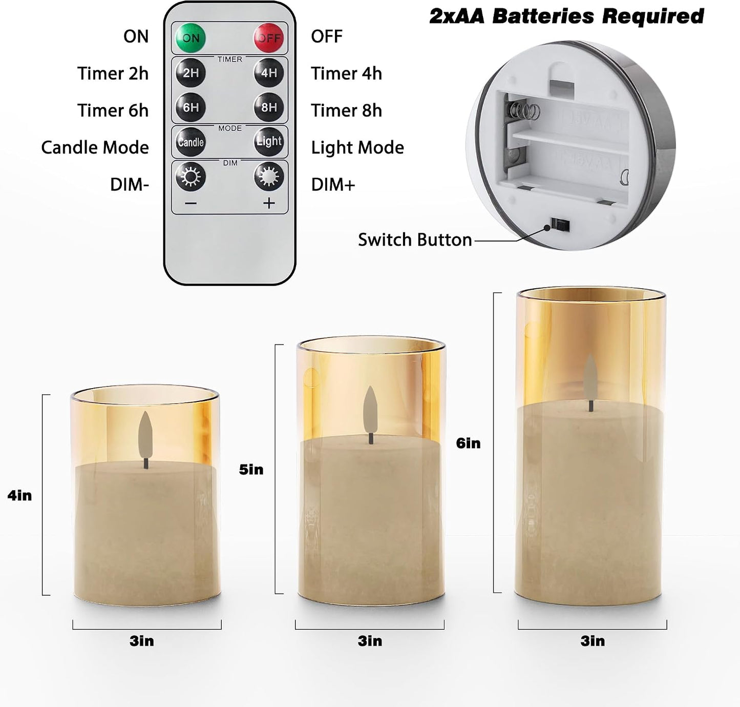 Battery Operated Flameless Candles with Remote & Timer, Gold Glass 3Pack | Real Wax Crystal Texture, D3×H4/5/6"