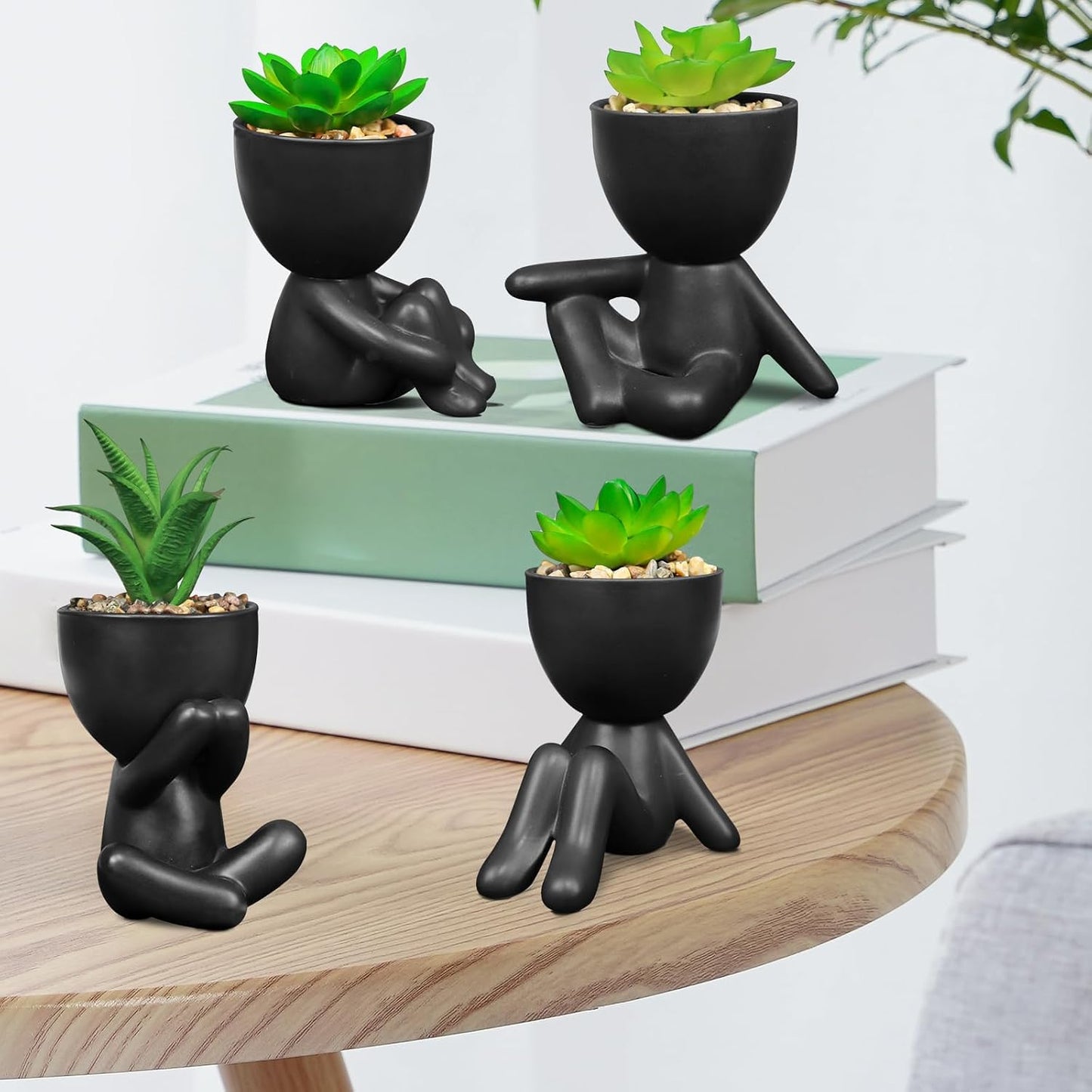 Artificial Succulent Plants in Human Shaped Pots / Black / Set of 4