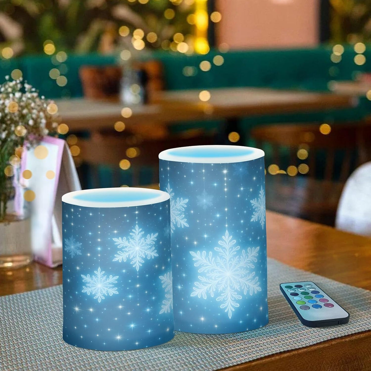 Flickering Flameless Candles, Christmas Snowflakes Blue Background LED Candles with Remote Timer, Set of 2 Battery