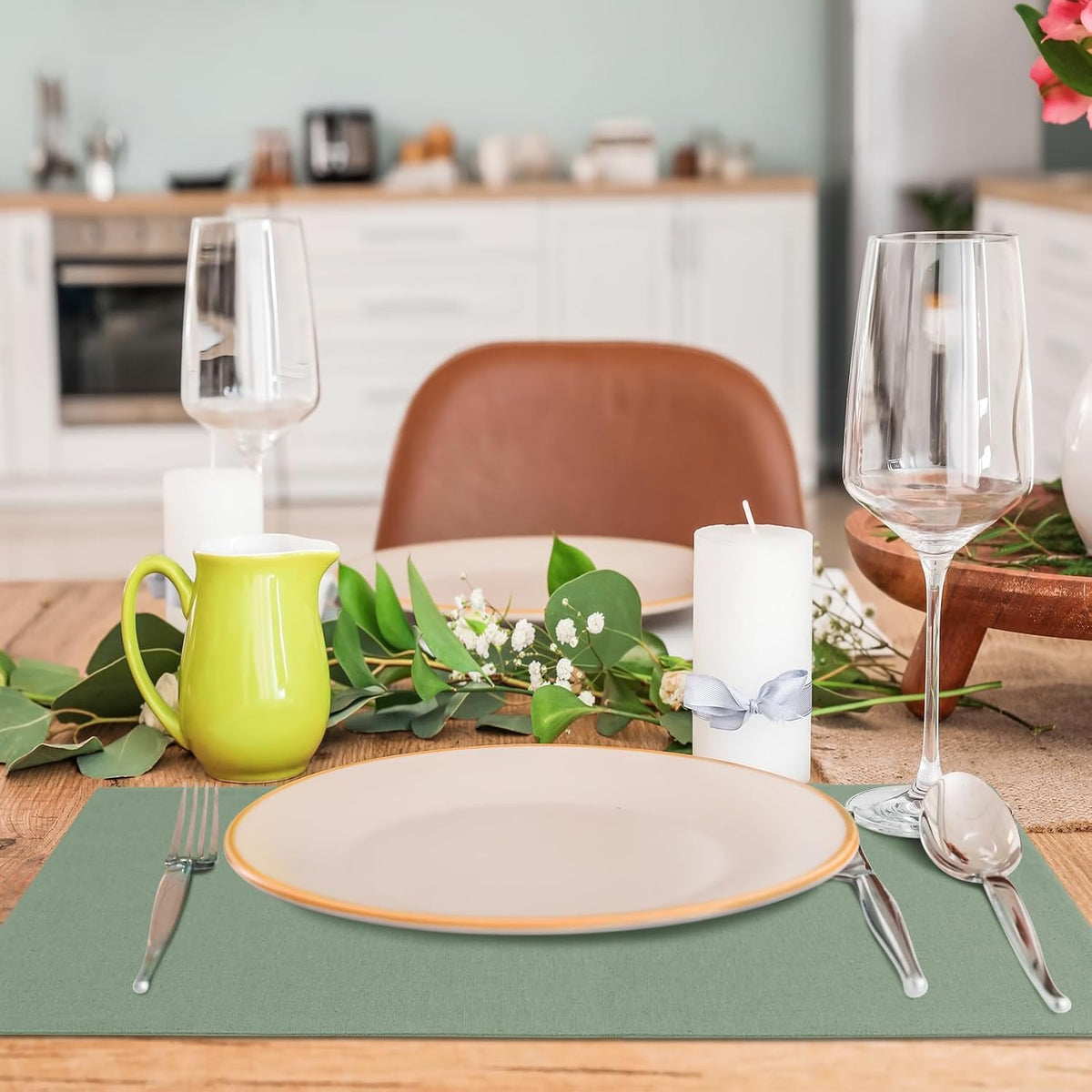 MANSPHIL Sage Green Placemats Set of 6 13x19 Cotton Faux Linen Place Mats | Washable Green Cloth Table Mat, Oeko Tex