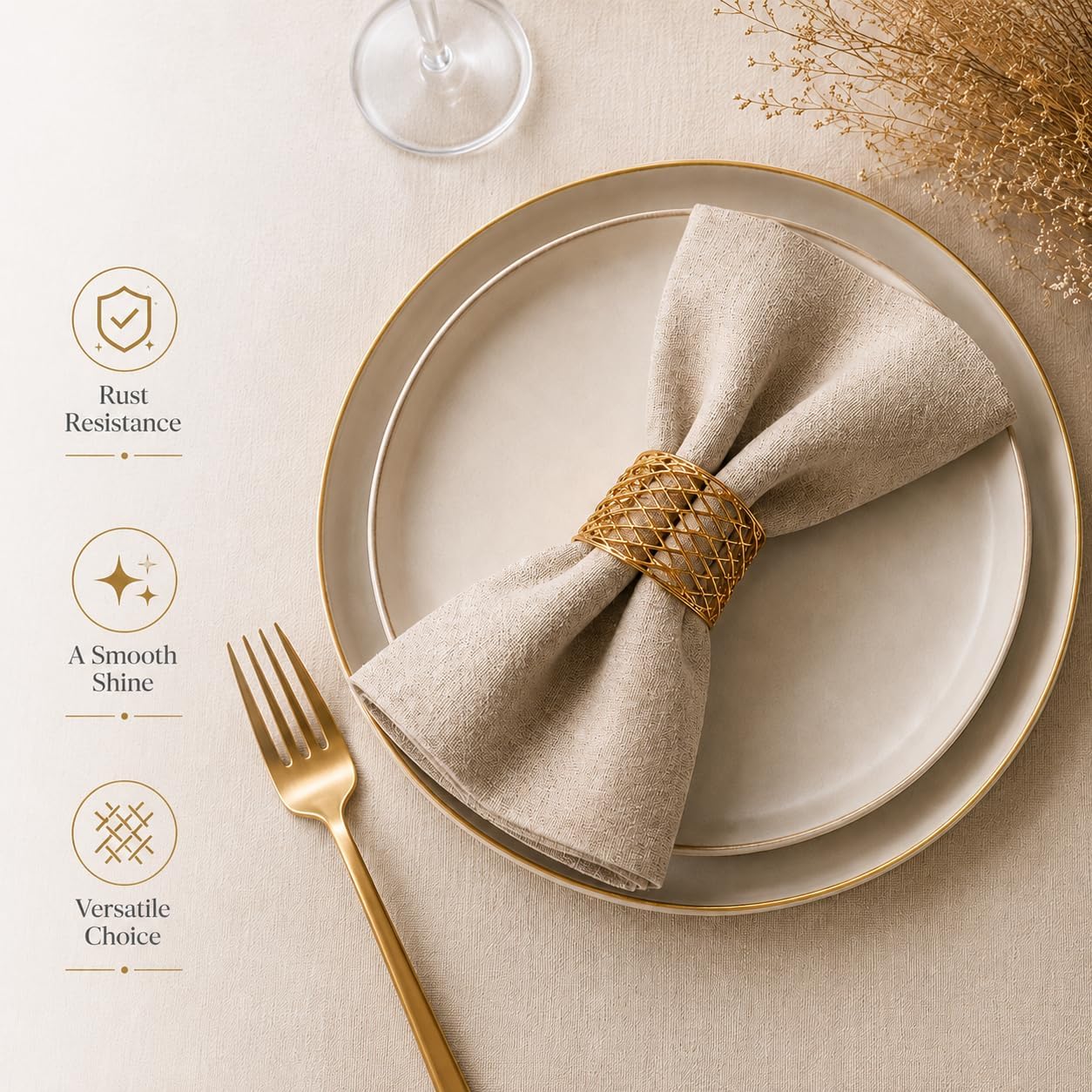 ALPHA Living HOME Gold Napkin Rings 12 Set of Premium 100% Metal, Rust-Resistant Tabletop Décor - Napkin Holders