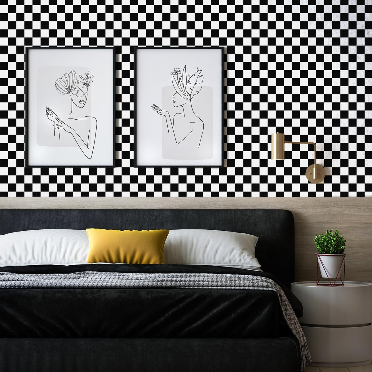 White Wallpaper Peel and Stick Checkered Contact Paper " Mosaic Checkered / 17.7 x 393.7 / Black