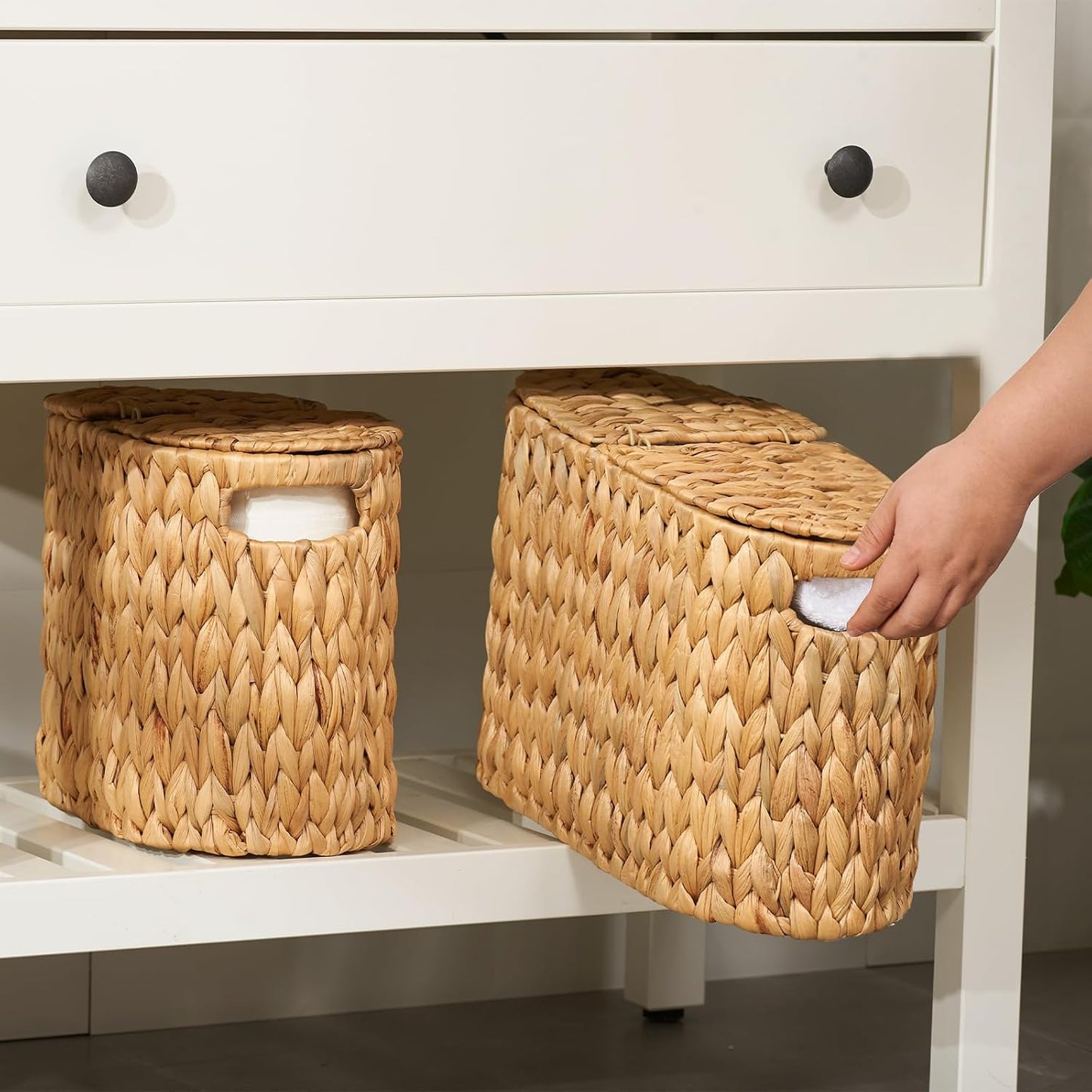 FairyHaus Wicker Toilet Paper Storage Basket with Lid & Handles, 6 Rolls Handwoven Toilet Paper Holder with Storage