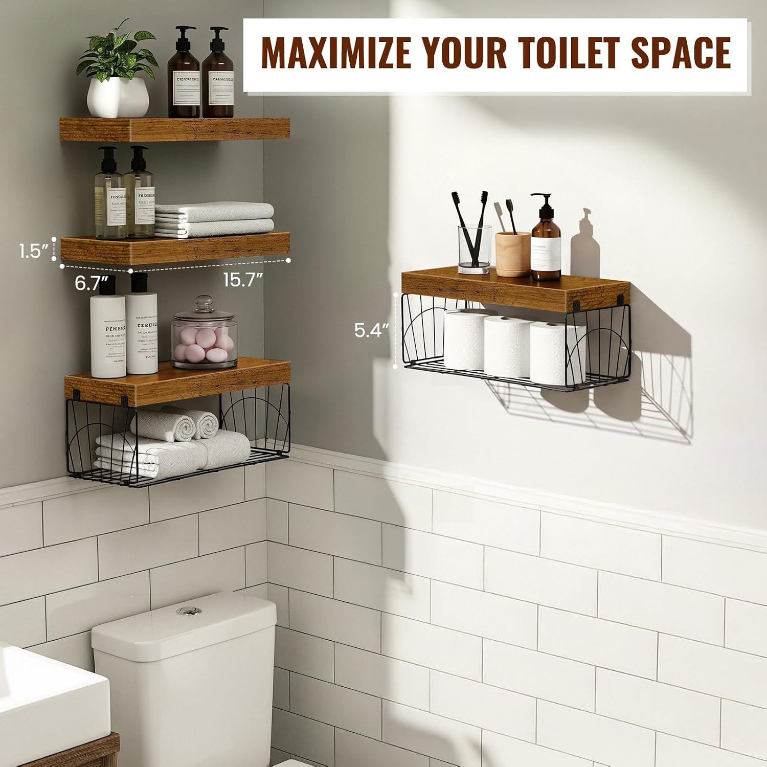 Wall Mounted Rustic Wood Floating Shelves / Brown / 16 Inches / Set of 4