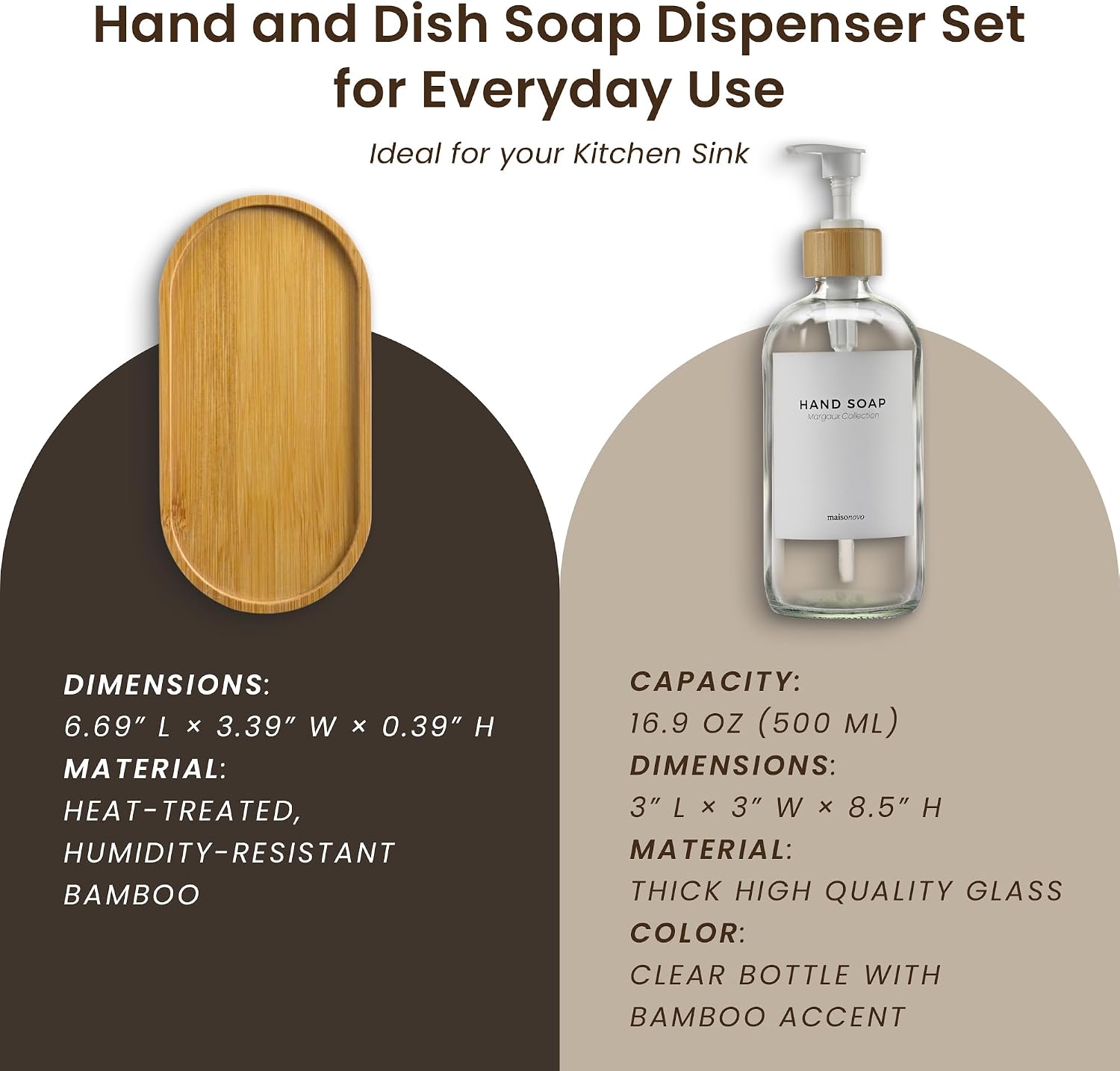 Maisonovo Dish Soap Dispenser Set - Clear Soap Dispenser White Bamboo Pumps | Glass bottles for body wash, lotion