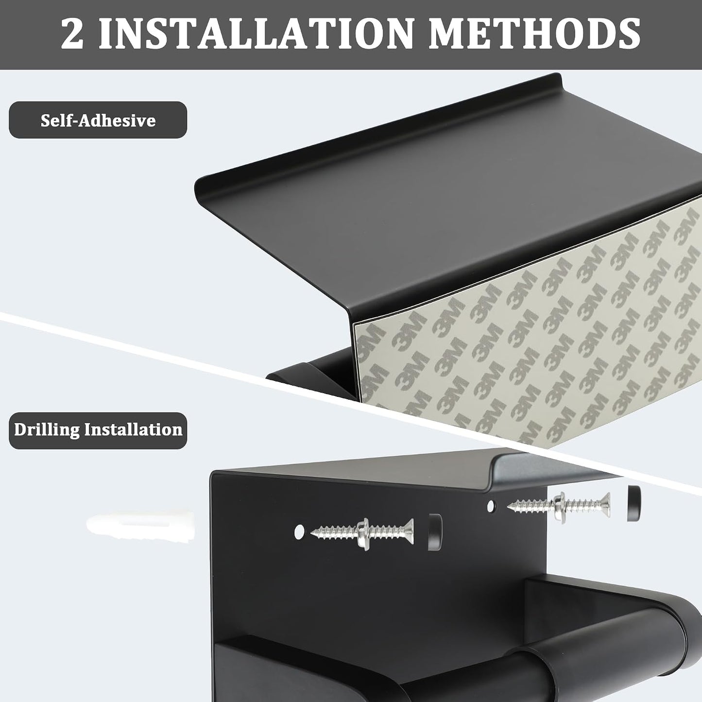 Alise Black Toilet Paper Holder with Shelf Wall Mount Adhesive or Drilling | SUS304 Stainless Steel Toilet Paper Roll