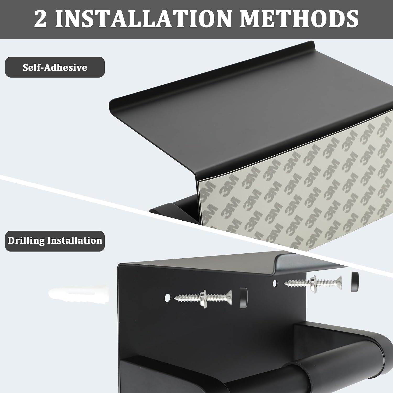 Alise Black Toilet Paper Holder with Shelf Wall Mount Adhesive or Drilling | SUS304 Stainless Steel Toilet Paper Roll