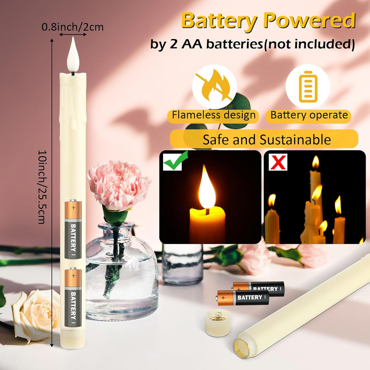 24 Pcs 10 Inch Ivory Flameless Taper Candles LED Candle Sticks Battery Operated Flickering LED Candlestick Window