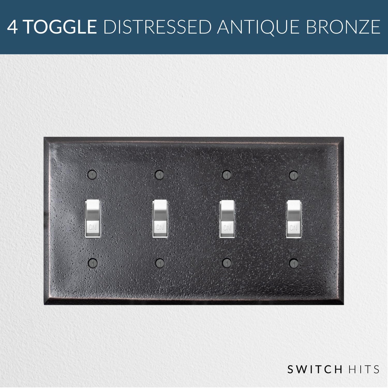 Distressed Antique Bronze Outlet Wall Plate | 4 Toggle | 8.25" x 4.5" | Hand-Polished Brass Construction | Electrical