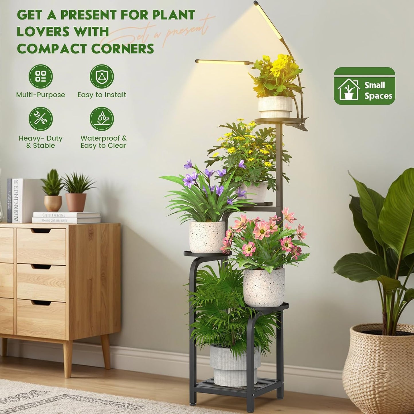 TOSKING Tall 5-Tier Metal Plant Stand with Grow Light for Indoor Corners | Black | Full-Spectrum Lighting | Adjustable