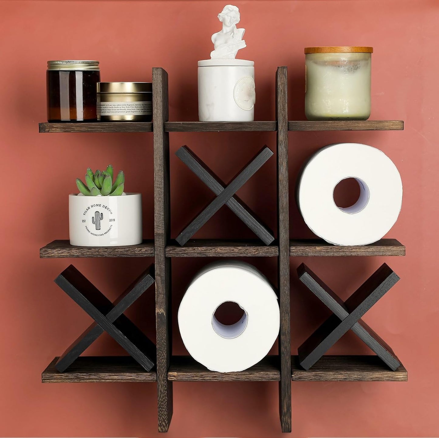 Weysat Tic Tac Toe Toilet Paper Holder,Retro White, Black | Farmhouse Bathroom Decor, Freestanding or Wall Mount