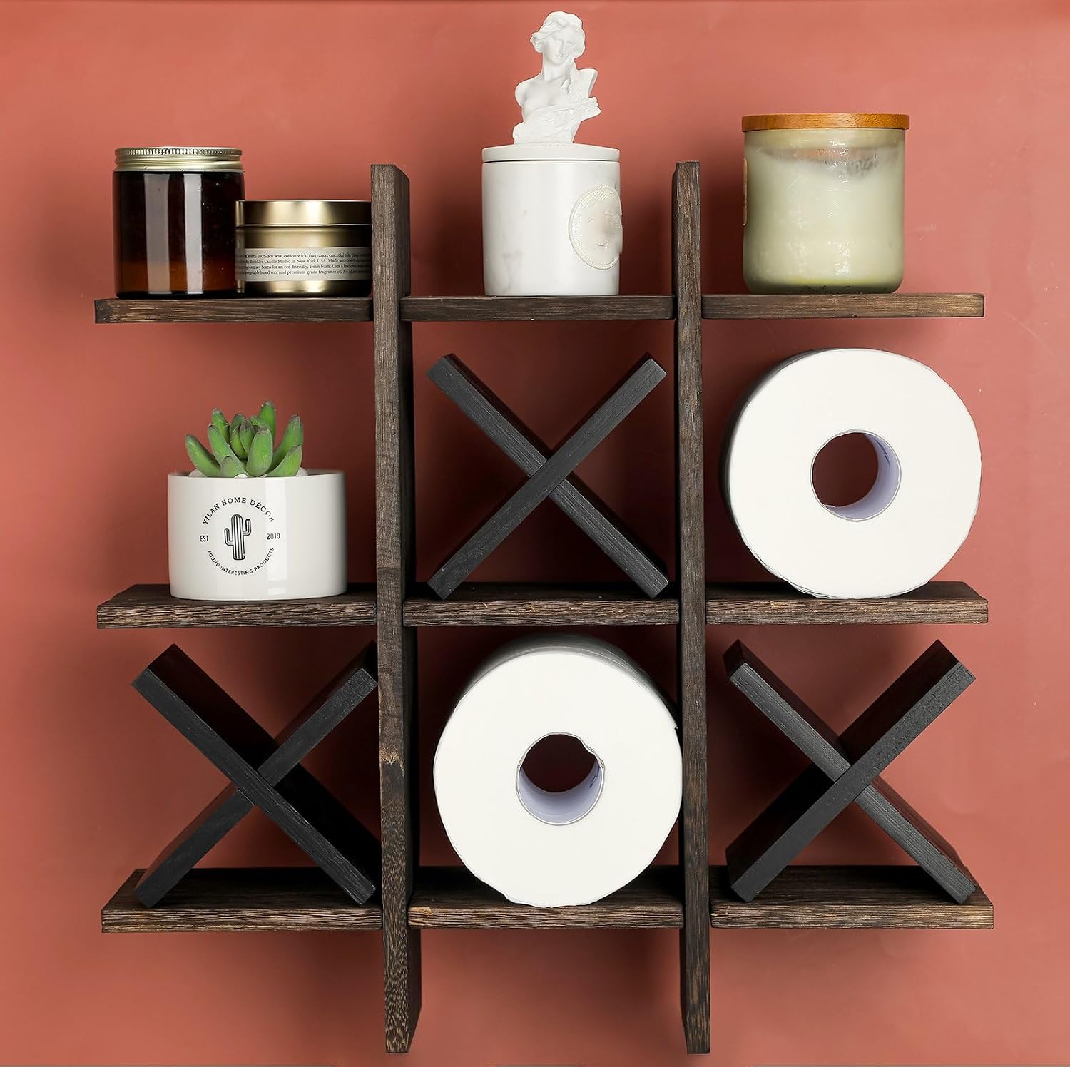 Weysat Tic Tac Toe Toilet Paper Holder,Retro White, Black | Farmhouse Bathroom Decor, Freestanding or Wall Mount