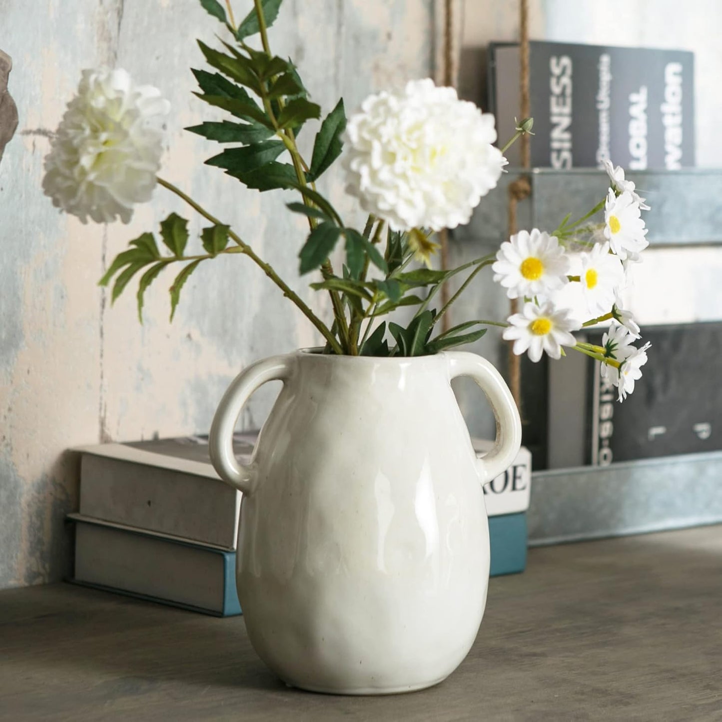 White Ceramic Vase / Double Handle - White