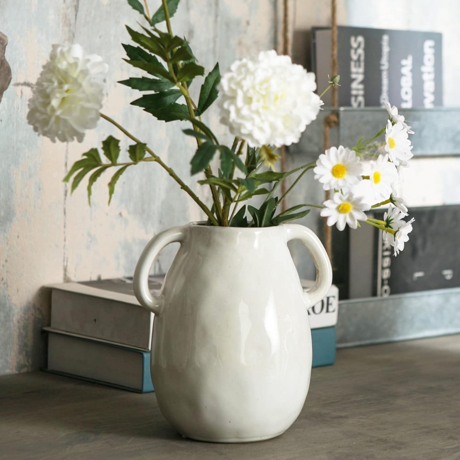 White Ceramic Vase / Double Handle - White