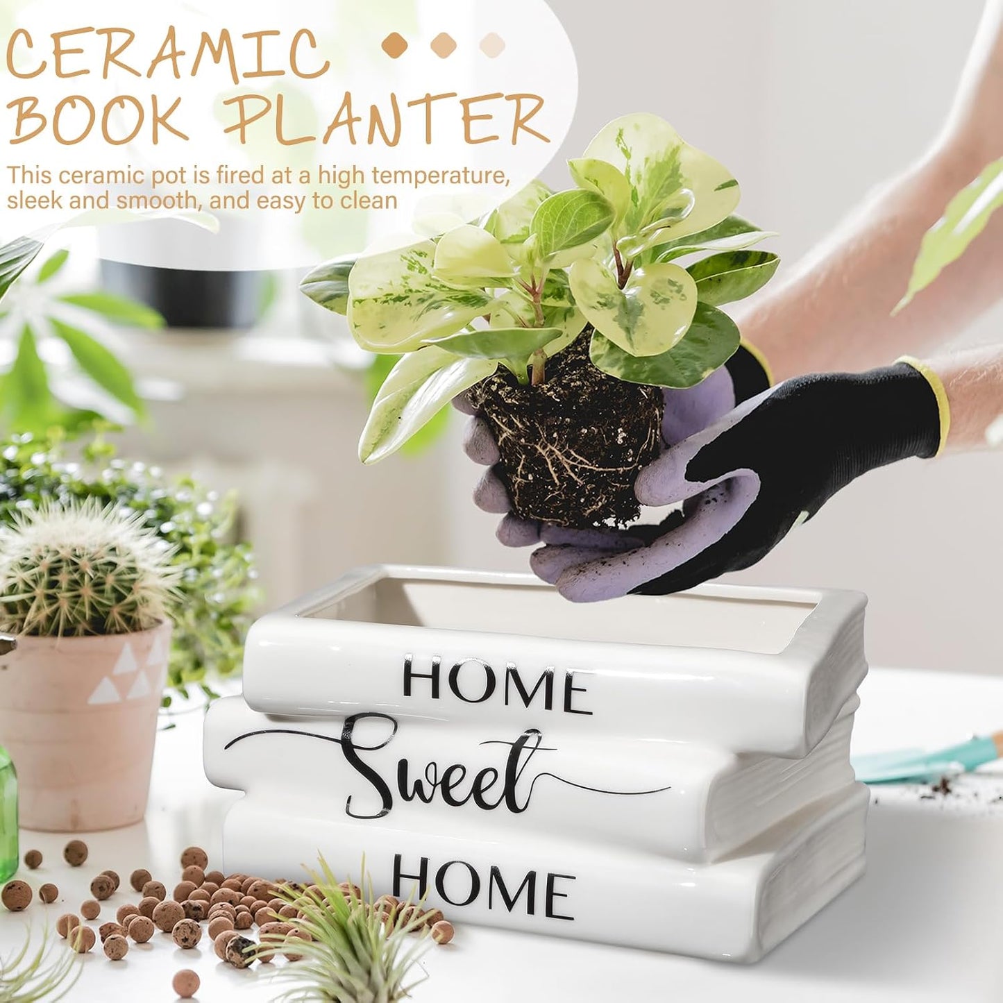 Ceramic Book Planter Pot Small Book Shaped Decorative Planter Rustic Farmhouse Flowers Vase / White