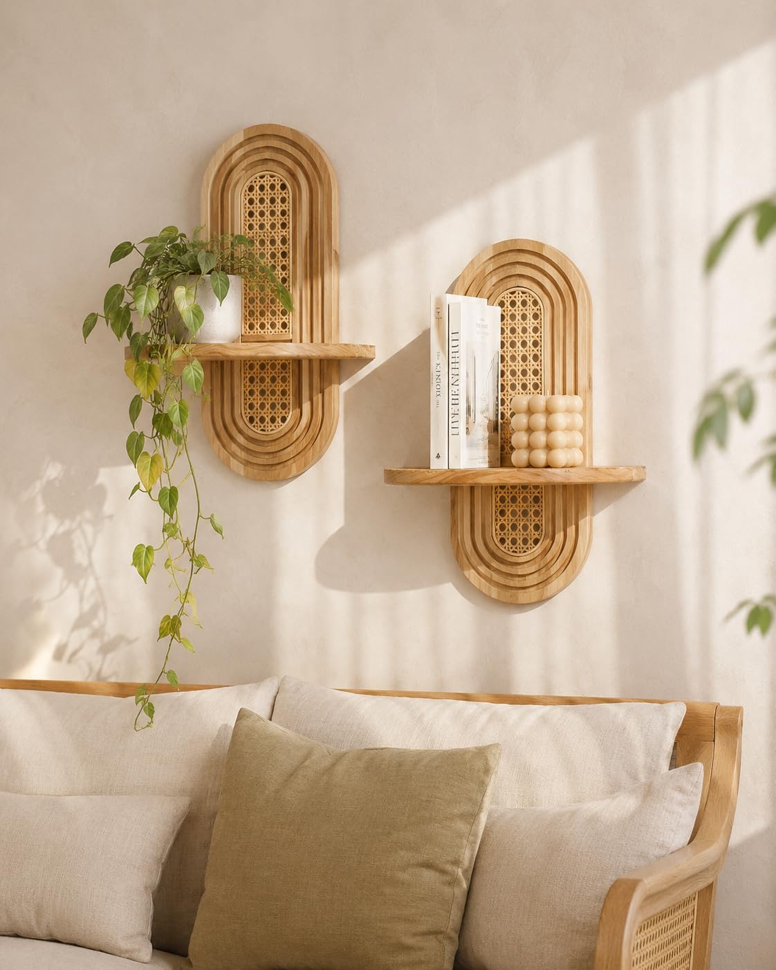 Boho rattan floating shelf displays plants / Wood Color