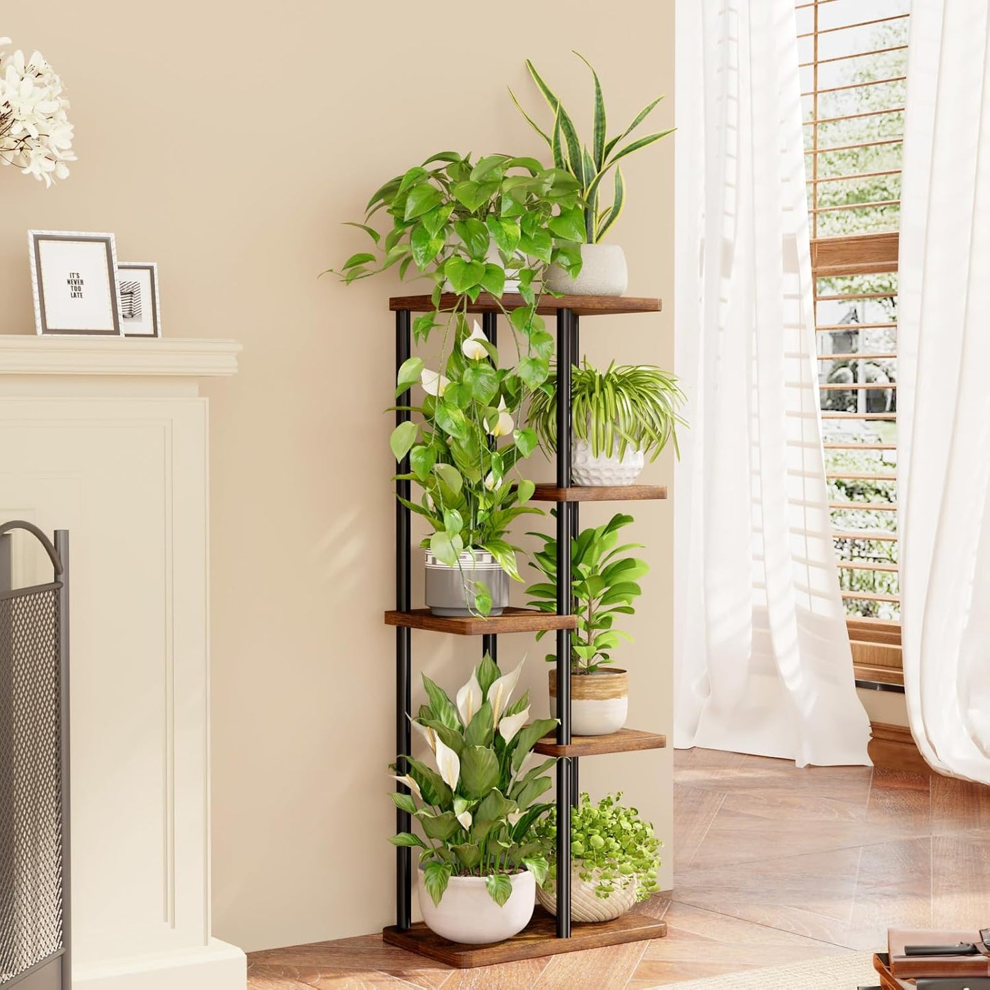 Bamworld Plant Stand 5 Tier Corner Metal Shelf Brown | Tiered shelf organizes multiple plants in living rooms