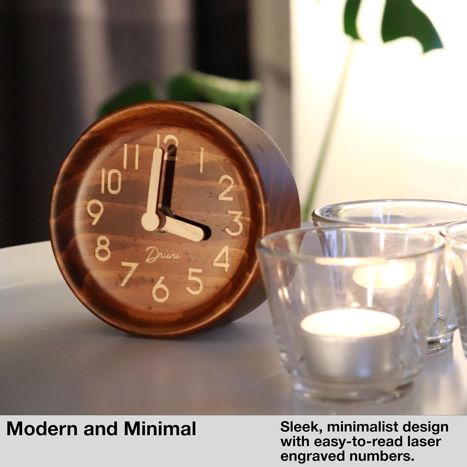 Driini Wooden Analog Desktop Clock – 4.3 in. Decorative Pinewood, No-Tick Design – Easy to Read Silent Sweep Mantle