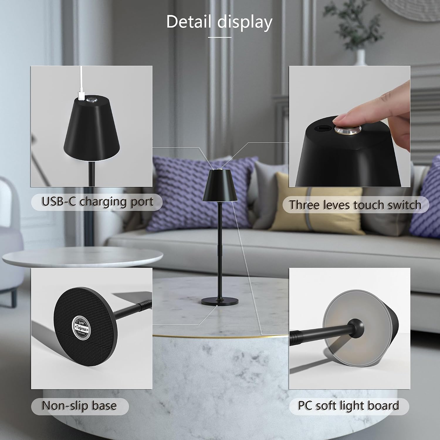 Timjorman 4-Pack Cordless Table Lamps - 5000mAh Rechargeable Battery Operated Desk Lamp, 3-Level Dimmable LED Night