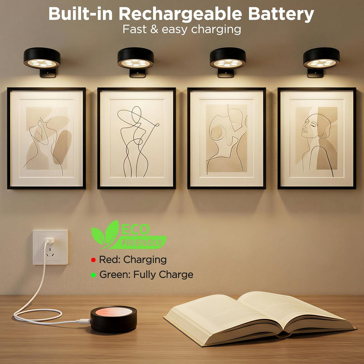 4-Pack Picture Lights for Wall, Rechargeable Wireless Poster Lights, Black | LED Magnetic Painting Lights with