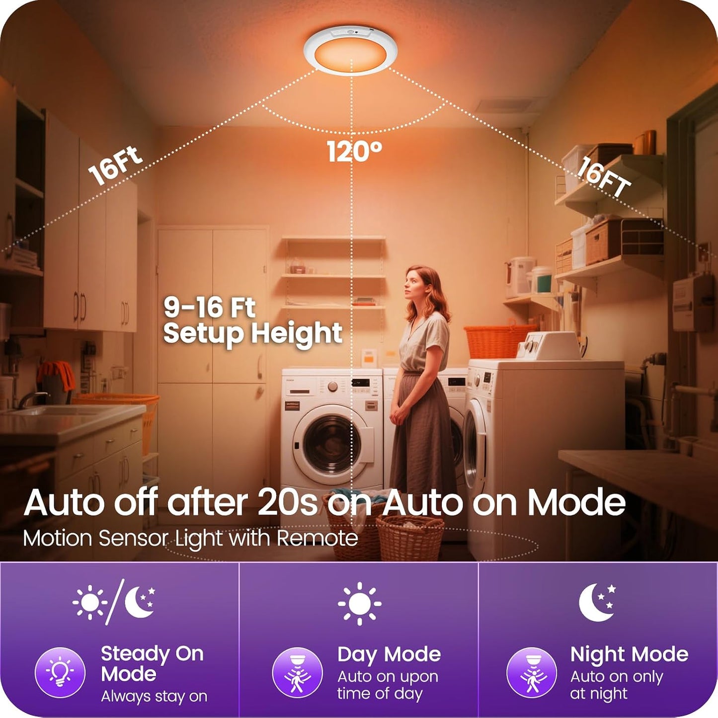 2 Pack Motion Sensor Rechargeable Shower Lights with Remote, RGBW Battery Operated Ceiling Light, Wireless, Color