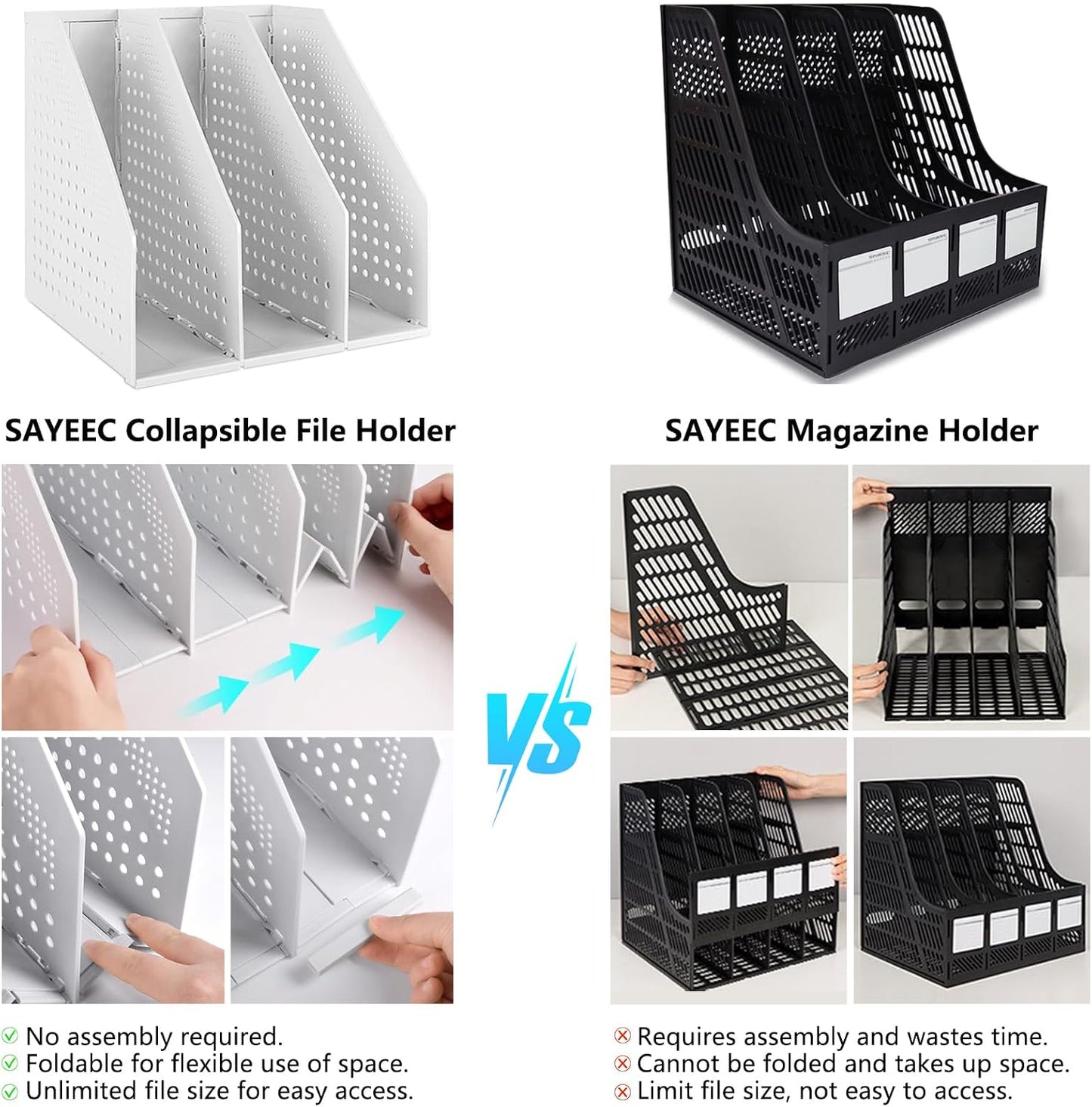 SAYEEC 2Pcs Collapsible Plastic Magazine File Holder Vertical Binder Storage Organizer for Desk Sturdy Upright Desktop