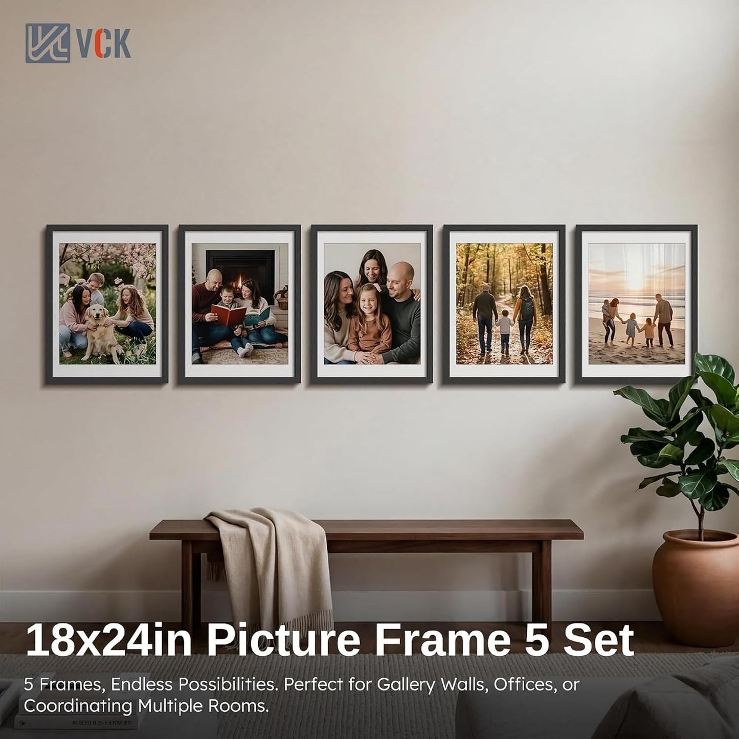 VCK 18x24 Poster Frame Black - 5 Pack, with Wood Grain Finish & Plexiglass, Displays 16x20 Photo with Mat or 18 x 24