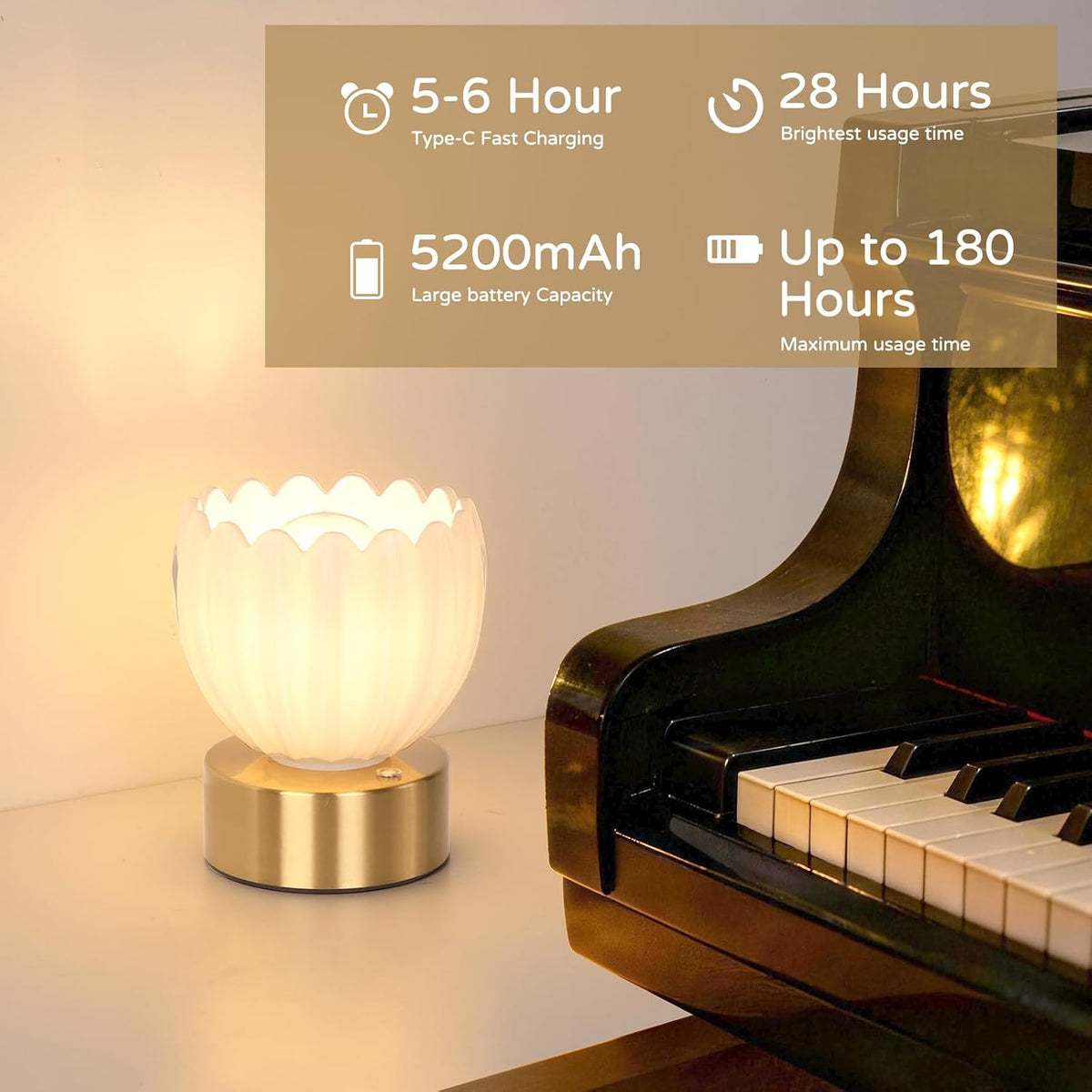 Shenmoyl Cordless Small Table Lamp with 5200mAh Battery & Touch Control, Battery Operated Tulip Table Lamp with 3