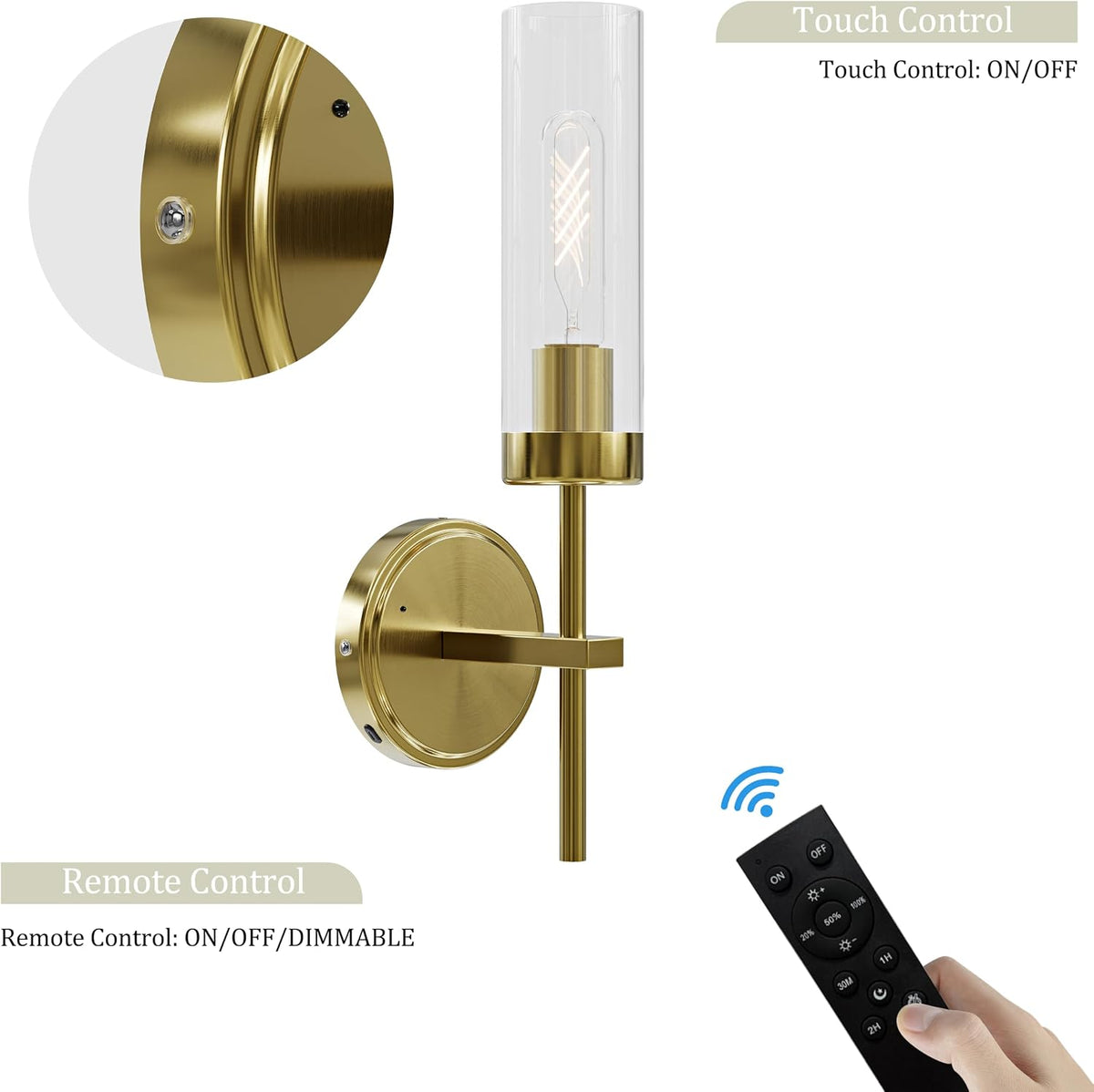 Gold Battery Operated Wall Sconce Set of 2, Wireless Wall Sconces with Remote Control, Rechargeable 3000K Dimmable Wall