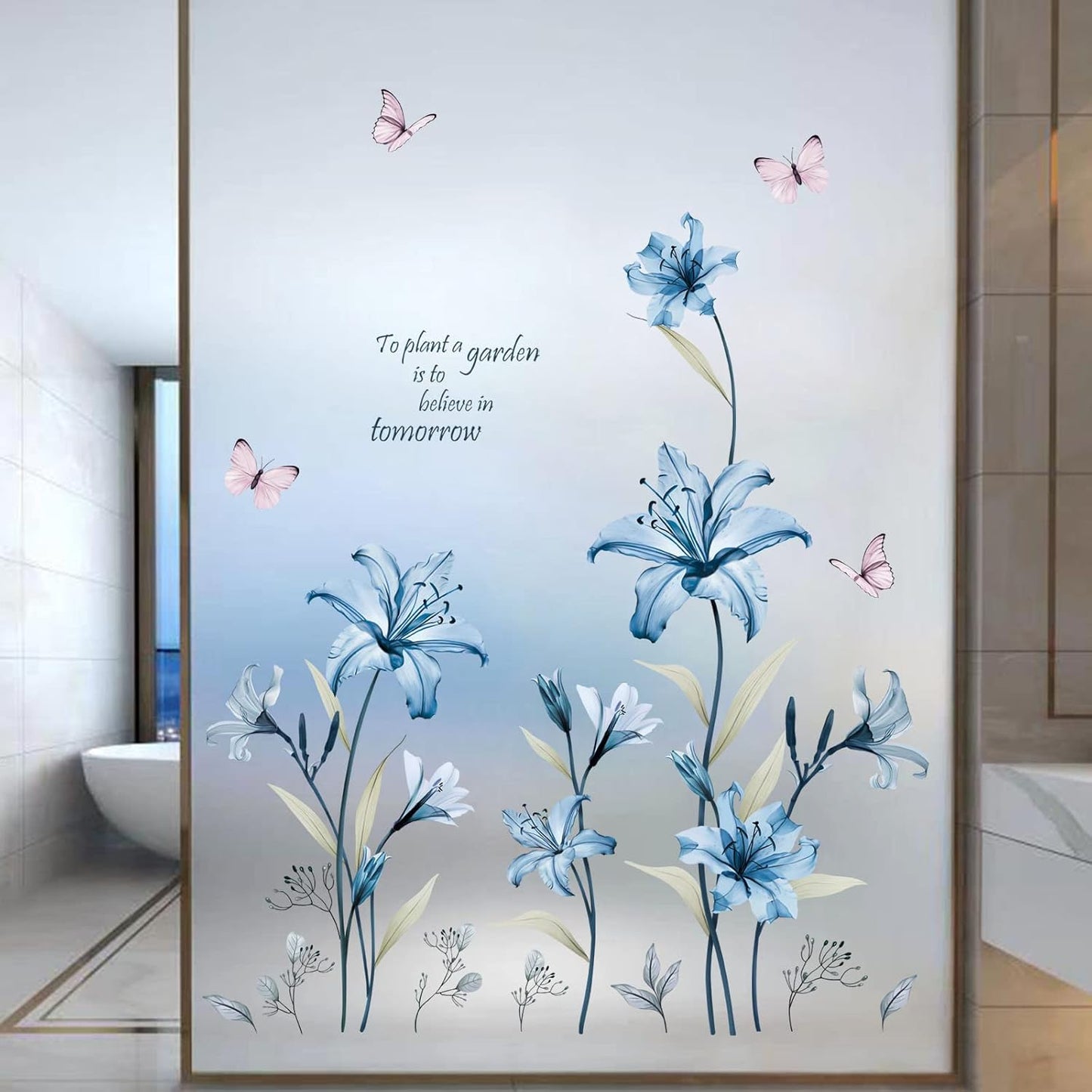Lily Flower Wall Stickers Floral Butterfly Peel and Stick Wall Art Decals / Blue