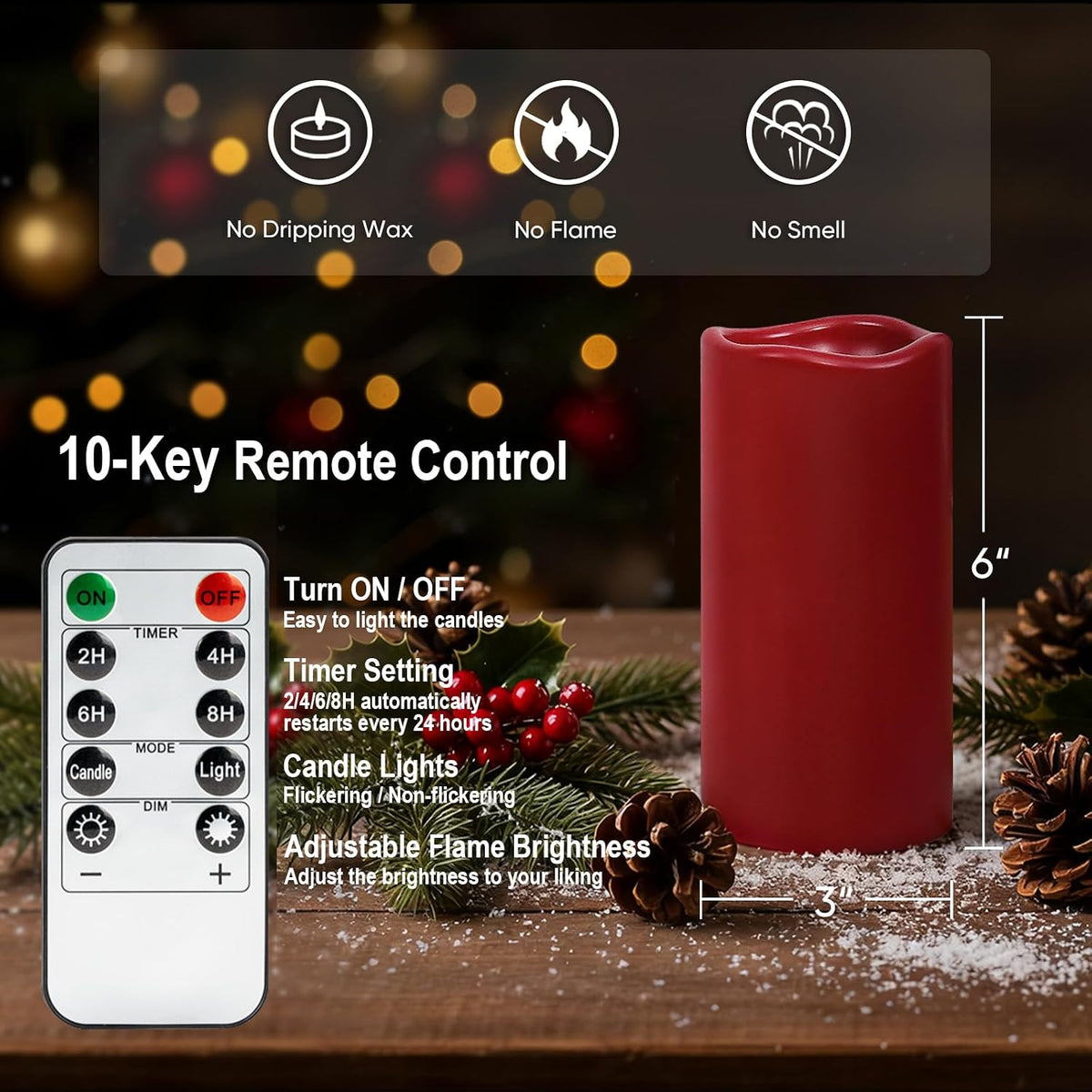 Amagic 3"x6" Red Flameless Candles with Remote, Christmas Candles Battery Operated with Timer, Waterproof LED Pillar