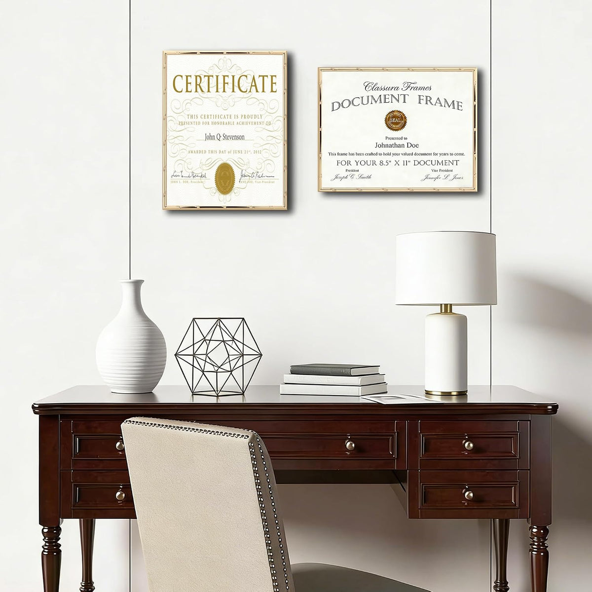 YiPinYin Gold 8.5x11'' Bamboo Detail Metal Document Frames 2-pack, Elegant Gold-Plated Metal Photo Frames 8.5x11 inch