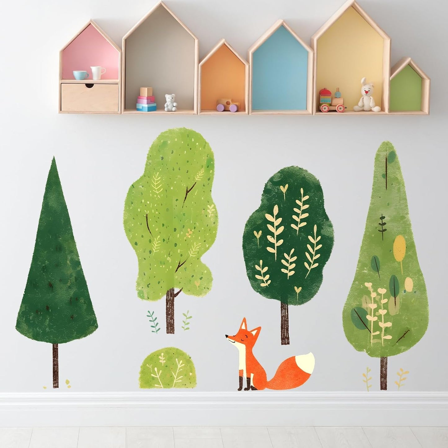 Trees and Fox Wall Decals Removable Cartoon Forest Vinyl Stickers for Nursery Living Room