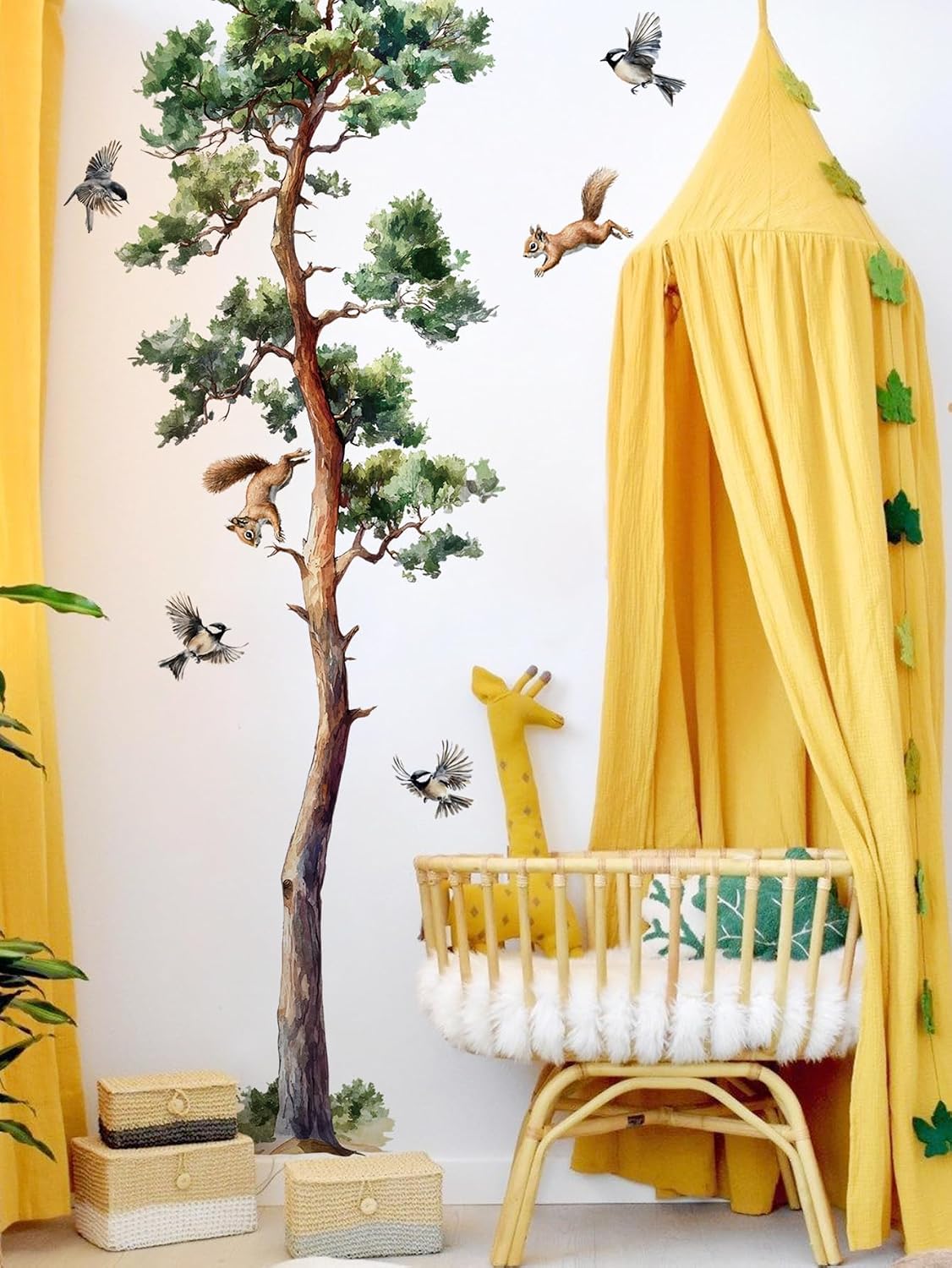 Large Pine Tree Wall Decals Forest Watercolor Squirrel Bird Wall Stickers Peel / Watercolor Tree
