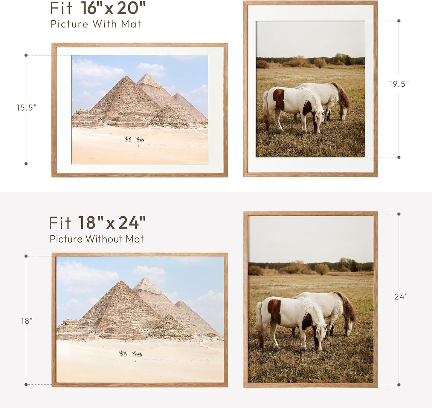18x24 Poster Frame, 18x24 Solid Oak Picture Frames Matted to 16x20 | 24x18 Natural Oak Frame, Horizontal or Vertical