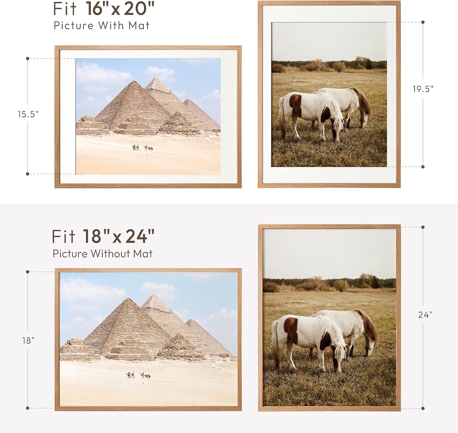 18x24 Poster Frame, 18x24 Solid Oak Picture Frames Matted to 16x20 | 24x18 Natural Oak Frame, Horizontal or Vertical