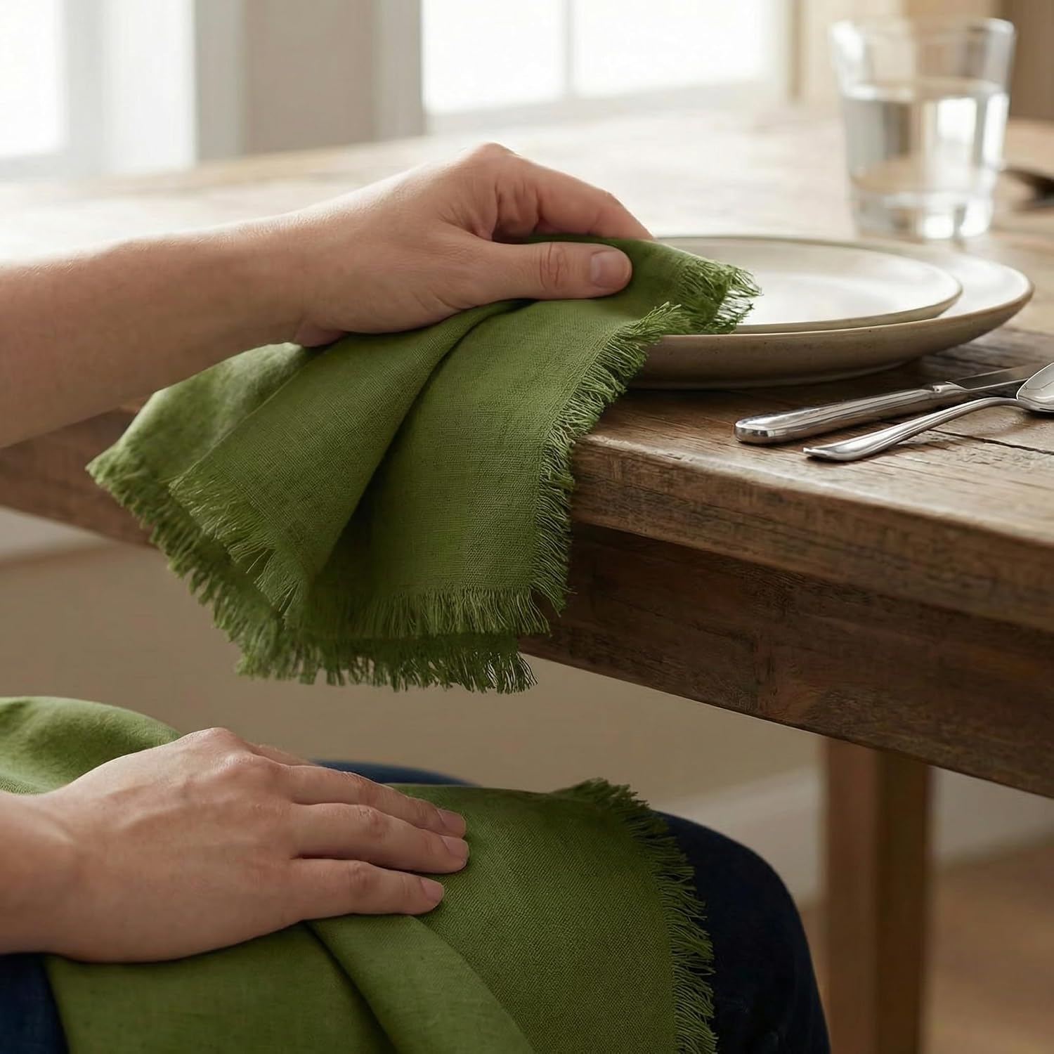 ACCENTHOME Olive Green Cotton Linen Napkin Set of 12 18x18 inch Dinner | Cotton Linen Blend Napkins, Machine Wash On