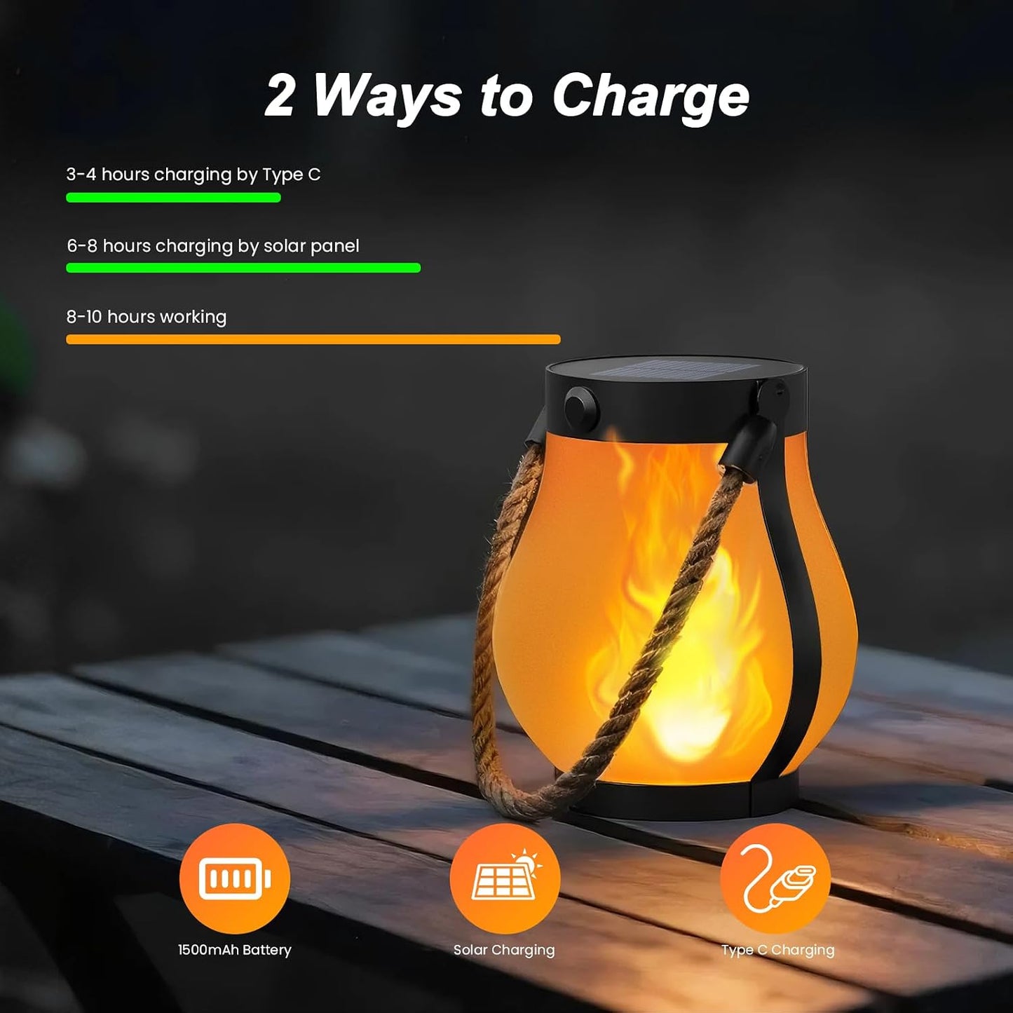 Hompavo Gen2 Solar Lanterns Outdoor Waterproof with Ultra-Real Flame | USB/Solar Charging & 2-Mode, Waterproof