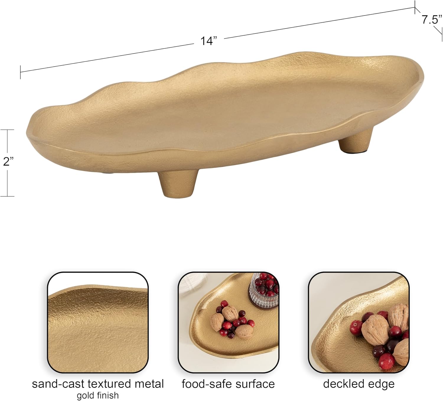 Alessia Modern Decorative Scalloped Oval Footed Metal Tray / Gold / 14 x 8