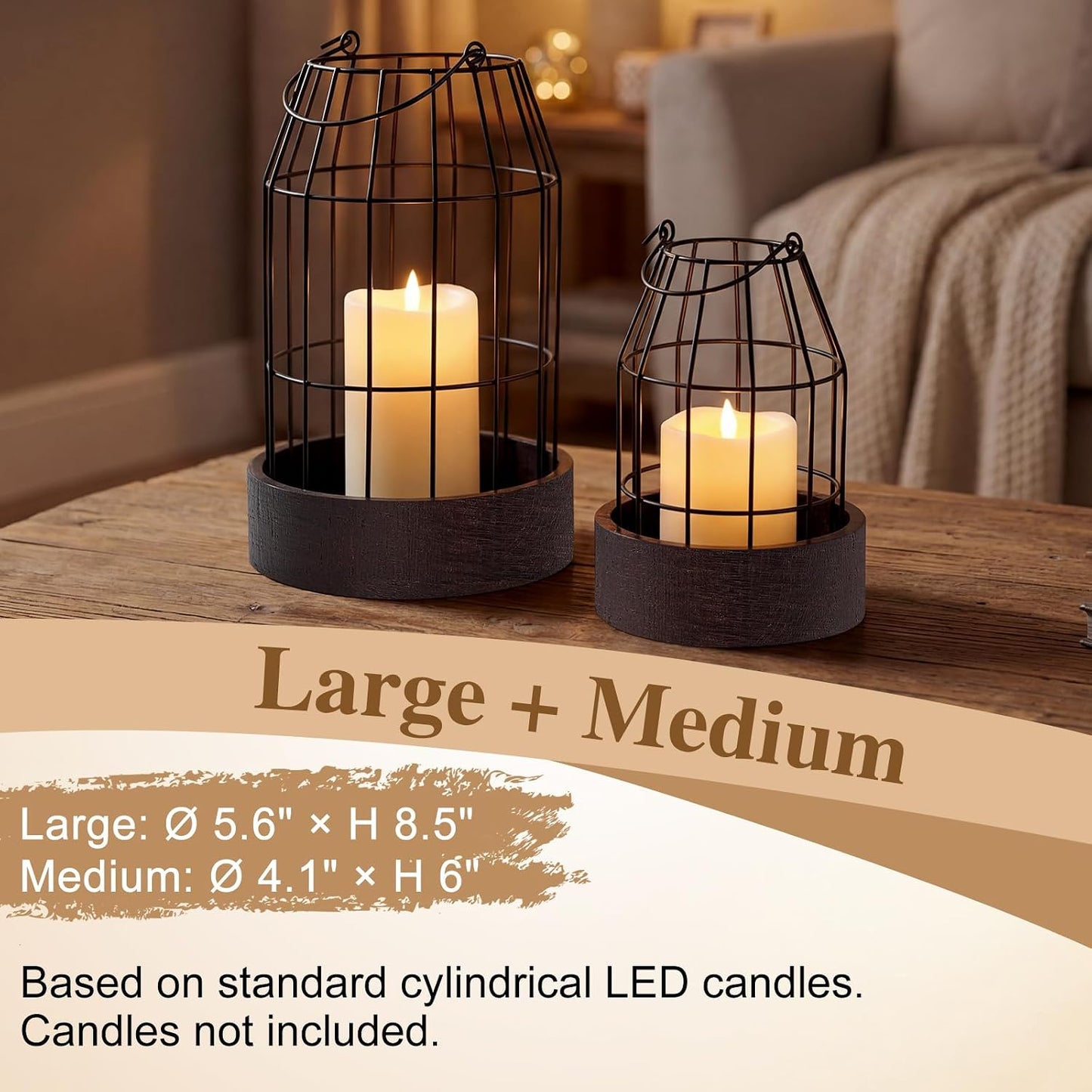 Mumufy 5 Pcs Candle Stands for Pillar Candles Metal,Large,Black, Brown | Decorative Lanterns Centerpieces with Tray for