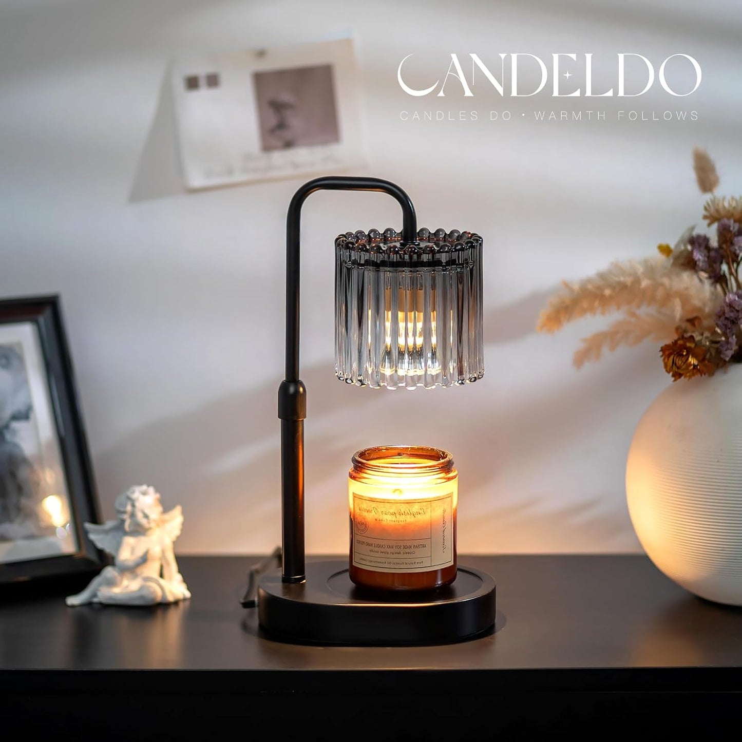 Candle Warmer Lamp with Timer: Black Wax Melt Warmer | Height Adjustable, Dimmable, with 2 Bulbs, Modern Farmhouse