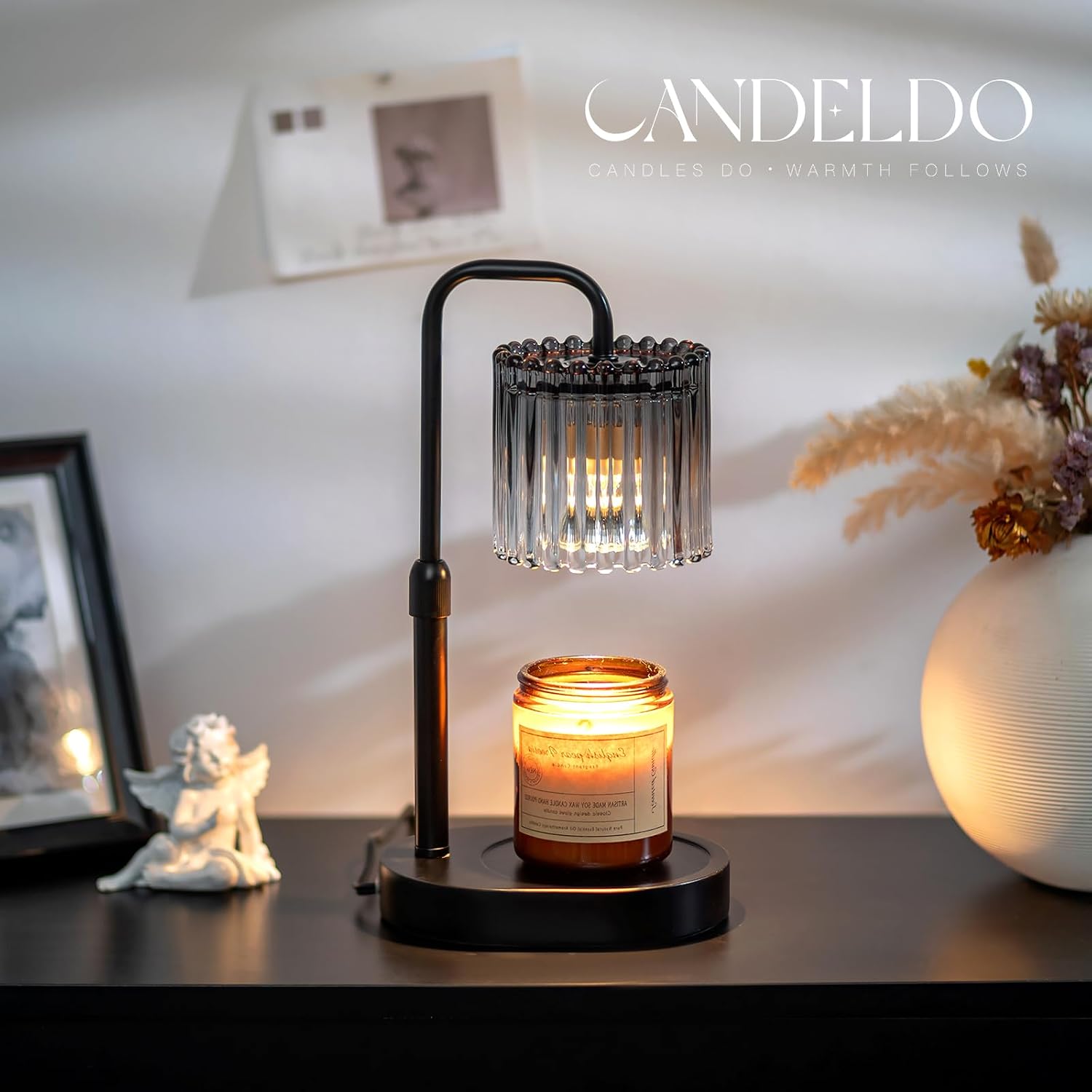 Candle Warmer Lamp with Timer: Black Wax Melt Warmer | Height Adjustable, Dimmable, with 2 Bulbs, Modern Farmhouse