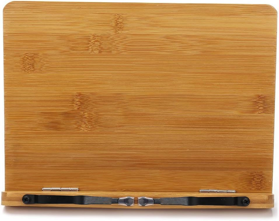 wishacc Bamboo Book Stand, Adjustable Book Holder Tray and Page Paper Clips-Cookbook Reading Desk Portable Stable
