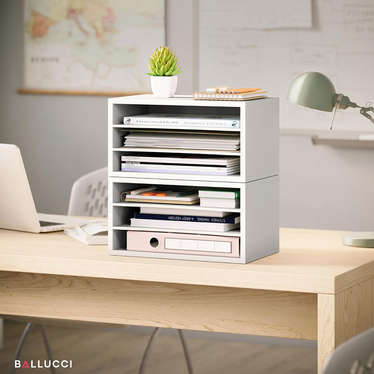 Ballucci Paper Organizer, 3-Tier Stackable Wood Desk Organizer, Document File Organizer and Mail Sorter with Adjustable