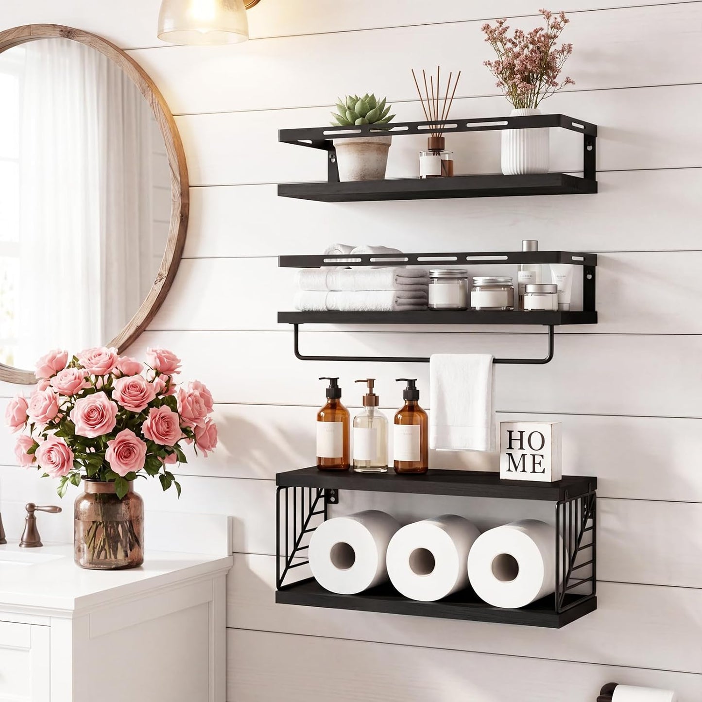 Fixwal Wall Mounted Bathroom Shelves Over Toilet (3+1 Black) | Wall Shelf with Basket Storage , Towel Bar, Solid Wood