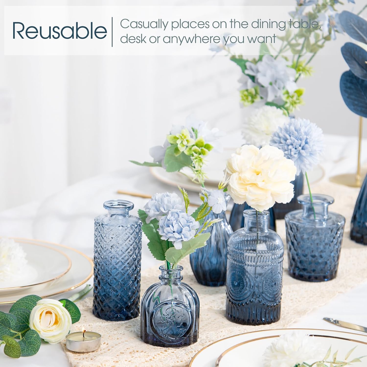 Glass Bud Vases Set / Blue / Set of 12